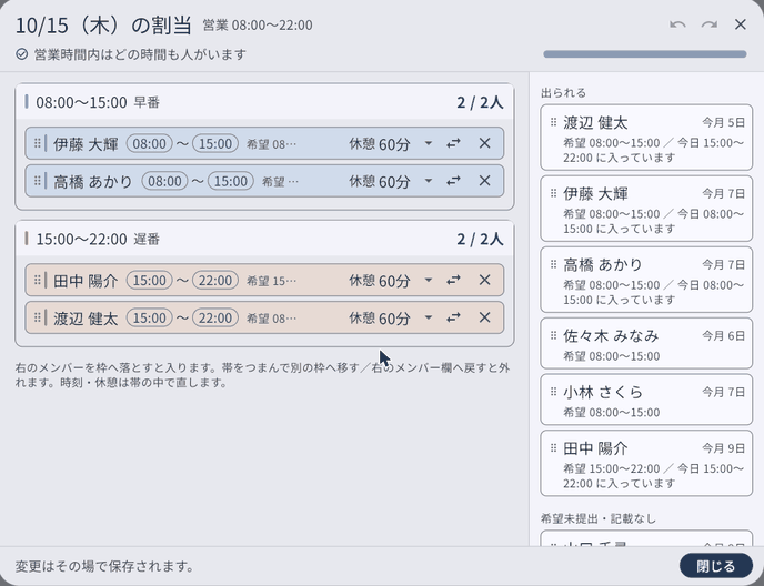 1日の割当のボード。左に早番・遅番の枠と入っている人の帯、右にメンバーの一覧。上に営業時間の棒